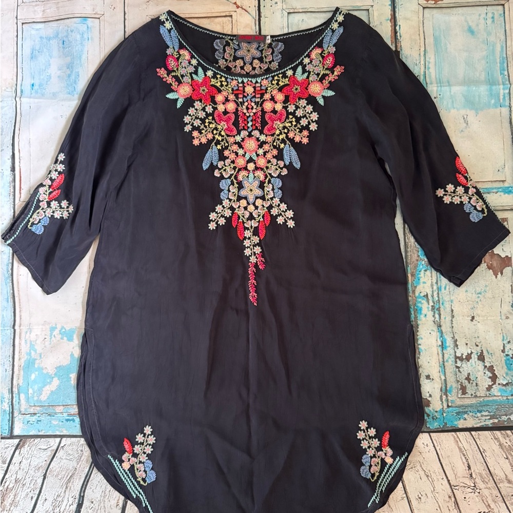 Johnny Was Black Embellished Tunic with 3/4 Sleeves